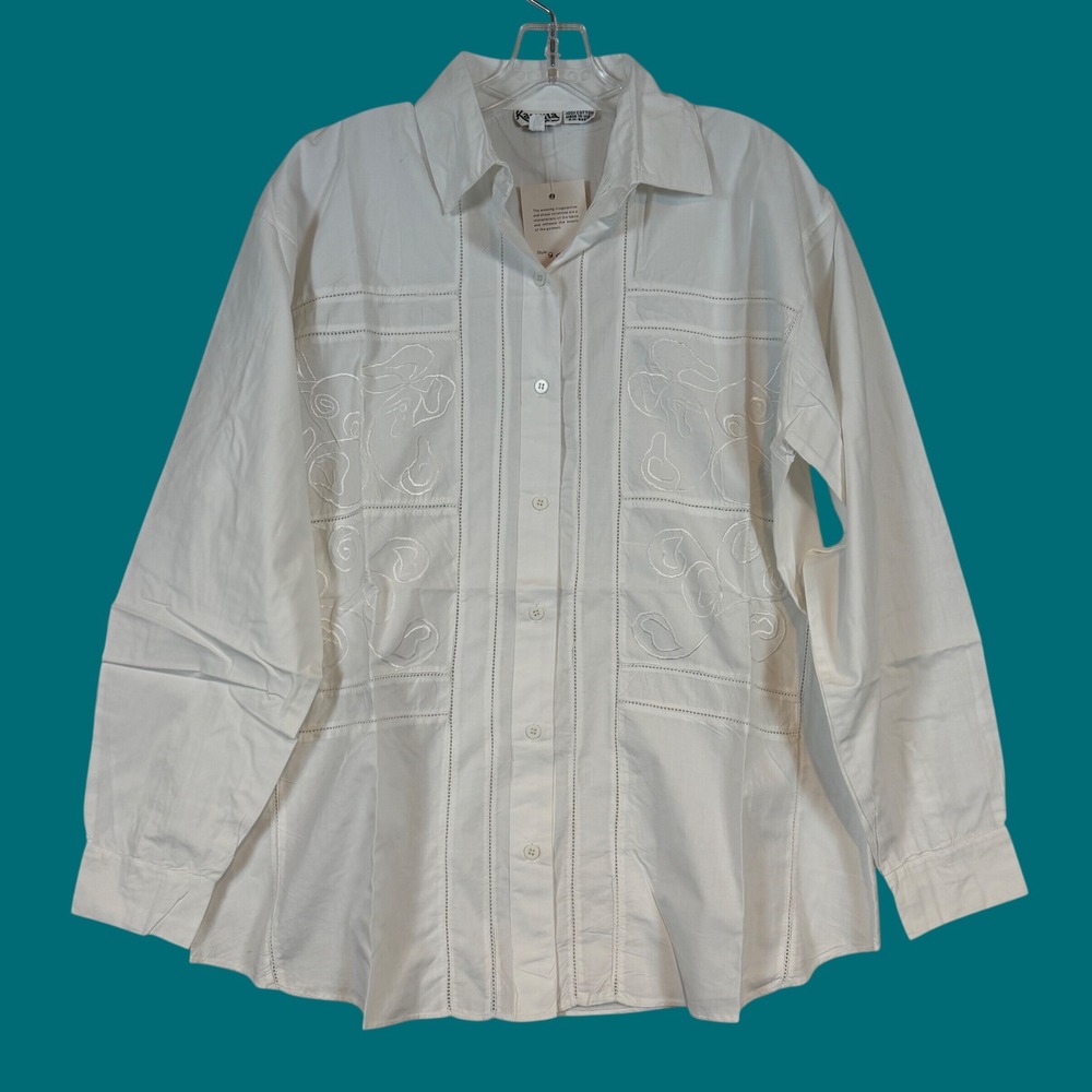 Karma White Cotton Embroidered Button Down Shirt L/S Boho Style •M• Guayabera